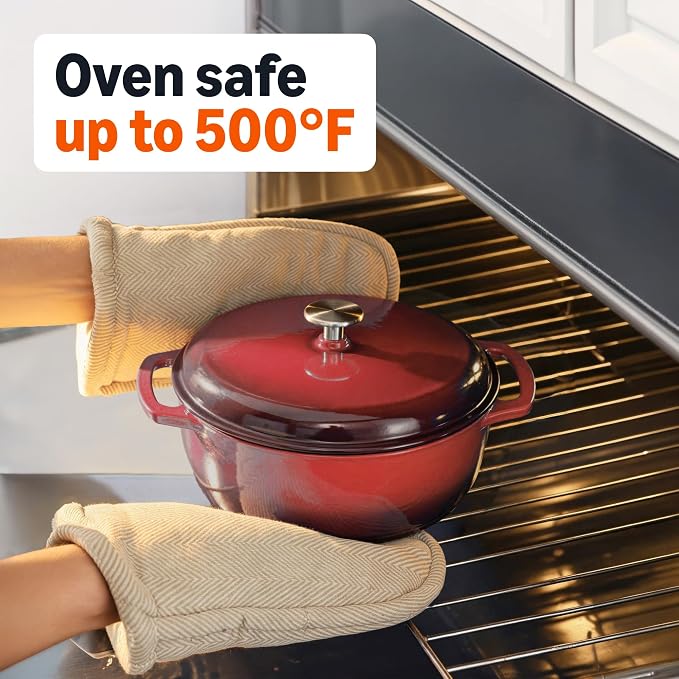 Amazon Basics Enameled Cast Iron Dutch Oven Pot with Lid, Round, Dual Handles, Heavy-Duty, Oven Safe for Stews, Roasting, Baking, 4.3-Quart, Red
