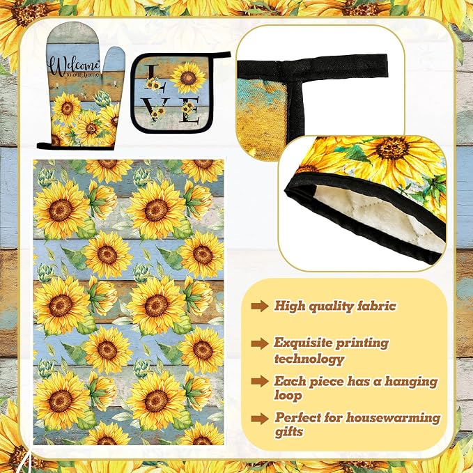 Leinuosen 8 Pcs Farmhouse Sunflower Kitchen Towels and Dishcloths Sets Oven Mitts and Pot Holders Sets Absorbent Kitchen Gloves Potholders Heat Resistant for Chef Baking Cooking