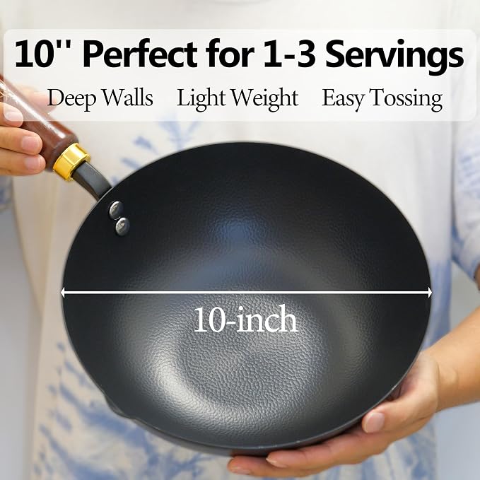 Souped Up Recipes 10 Inch Carbon Steel Wok For Electric, Induction and Gas Stoves (Lid and User Guide Video Included)