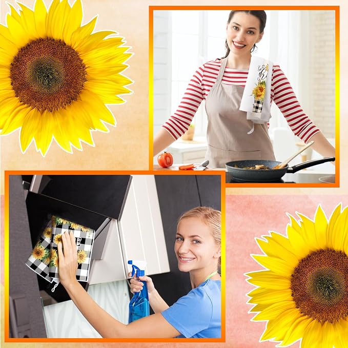 4 Pcs Sunflower Kitchen Towels Set, Hand Tea Towels Gifts | Absorbent Fast Drying Dish Clothes Yellow Black White Plaid Decor Housewarming Gift for Cooking Bathroom Kitchen Decor