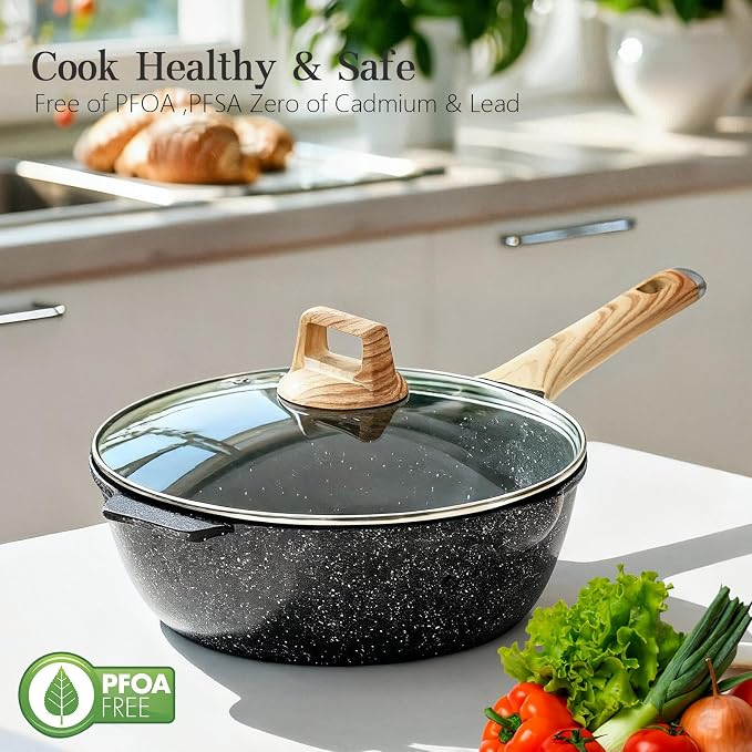 12-Inch Deep Frying Pan, Nonstick with Lid & Strainer, 6QT Granite Skillet, Induction/Gas Compatible, Includes Spatula & Sponge