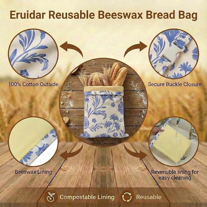 Beeswax Bread Bags for Sourdough & Homemade Bread (2 Pack) | XL 13"x17" Large Reusable Cotton & Linen Bread Bag, Keep Loaves Fresh Longer, Natural & Easy to Clean (Classic Blue Floral)