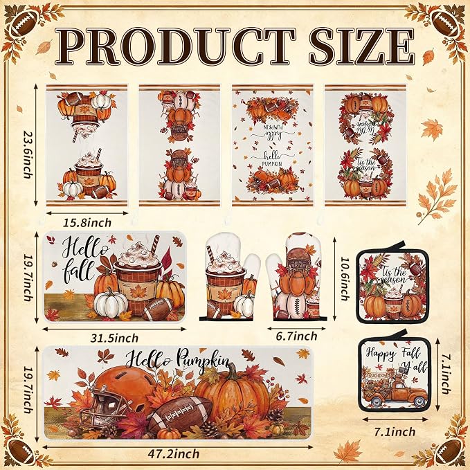 Fanfanwin 10 Pcs Fall Football Kitchen Decor and Accessories Set Autumn Kitchen Towels Pot Holders Oven Mitts and Rugs Set Football Decorations for Home Baking Cooking BBQ Housewarming Gifts