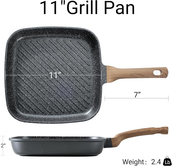 CAROTE 11 Inch Nonstick Grill Pan for Steak, Premium Granite Coating | Square Grill Skillet, Indoor Outdoor RV Camping Use, Gas & Induction Safe, All Stovetops Compatible, PFOA Free, Black