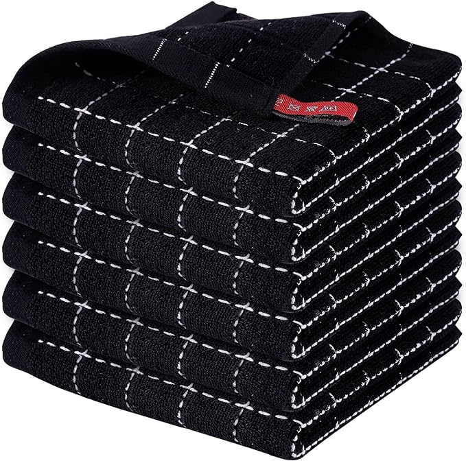 Homaxy 100% Cotton Terry Kitchen Dish Cloths, 6 Pack, Black | Ultra Soft and Absorbent, Suitable for Drying and Washing Dishes