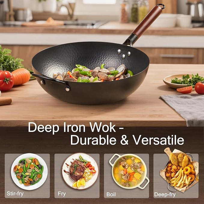 WANGYUANJI Carbon Steel Wok with Lid, 13.4" Hand Hammered Stir Fry Pan with Detachable Wooden Handle, Flat Bottom Wok Pan for Electric, Induction & Gas Stoves, No Coating (Black)
