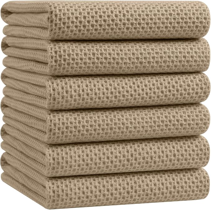 Homaxy 100% Cotton Oversized Waffle Weave Kitchen Towels 6-Pack, Tan | 20 x 28 Inches, Ultra Soft Absorbent Dish Towels, Quick Drying Large Cleaning Towels