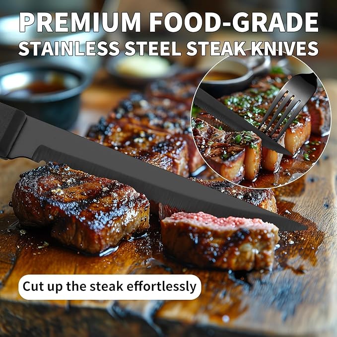 24-Piece Black Silverware Set with Steak Knives Black Stainless Steel Flatware Set for 4 Food Grade Tableware Cutlery Set Rust-proof, Mirror Polished, Dishwasher Safe