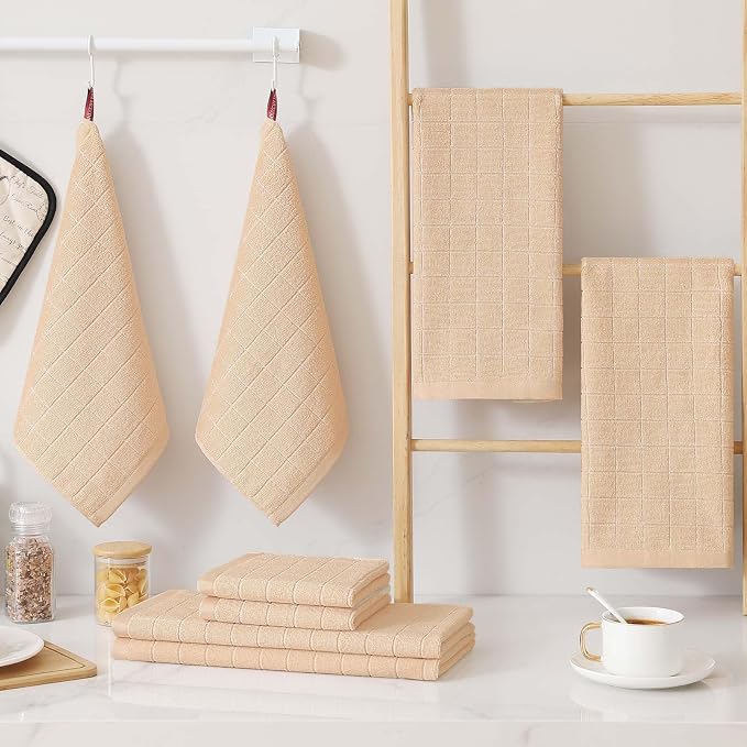 Homaxy Kitchen Towels and Dishcloths Set, Set of 16, Apricot | Bulk Cotton Terry Kitchen Towels, Checkered Designed, Soft and Super Absorbent Dish Towels, 12 x 12 and 13 x 28 Inches