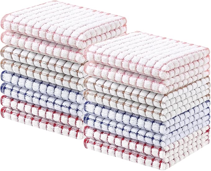 Homaxy 16 Pack Terry Kitchen Dish Cloths, 12"x12", Blue/Pink/Red/Brown | Super Soft and Absorbent Dish Rags, Quick Drying Reusable Dish Towels for Washing Dishes