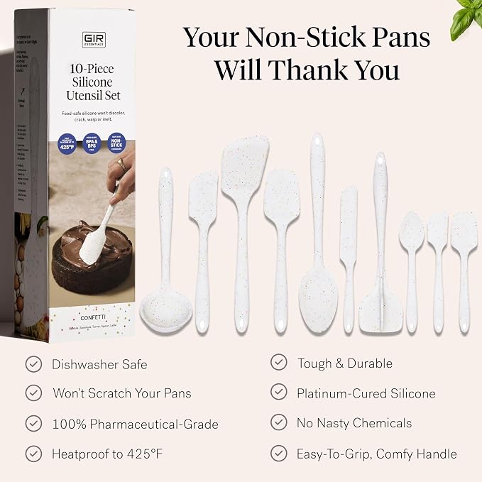 GIR: Get It Right 10-Piece Silicone Essentials Kitchen utensils set - Ladle, Spatula, Flip, Spoon & Spoonula - Non toxic cooking utensils for Nonstick Cookware, Cooking and Baking - Confetti