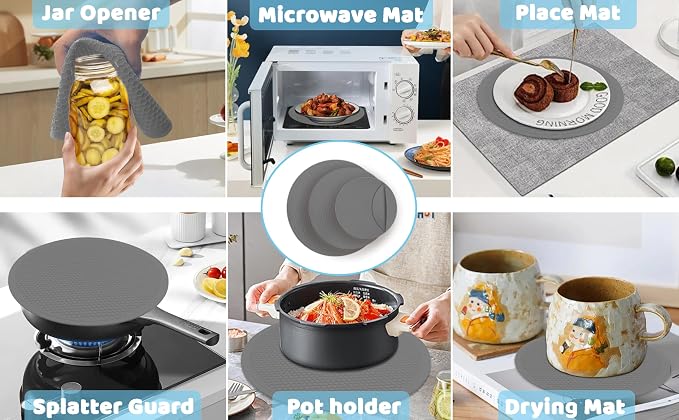 8 10 12 Inch Microwave mat, Trivet, Multi-Purpose Hot Pad,Pot Holder,Baking,Drying, Silicone mats for Microwave,Dishwasher Safe - Splatter Guard, Set of 3,Grey,Blue