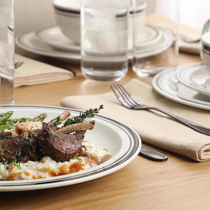 Gibson Home Hometown Diner 12-Piece Porcelain Dinnerware Set, Round Plates and Bowls Set for 4, White with Black Rim, Dishwasher Safe – Dinner Plate, Salad Plate & Cereal Bowl