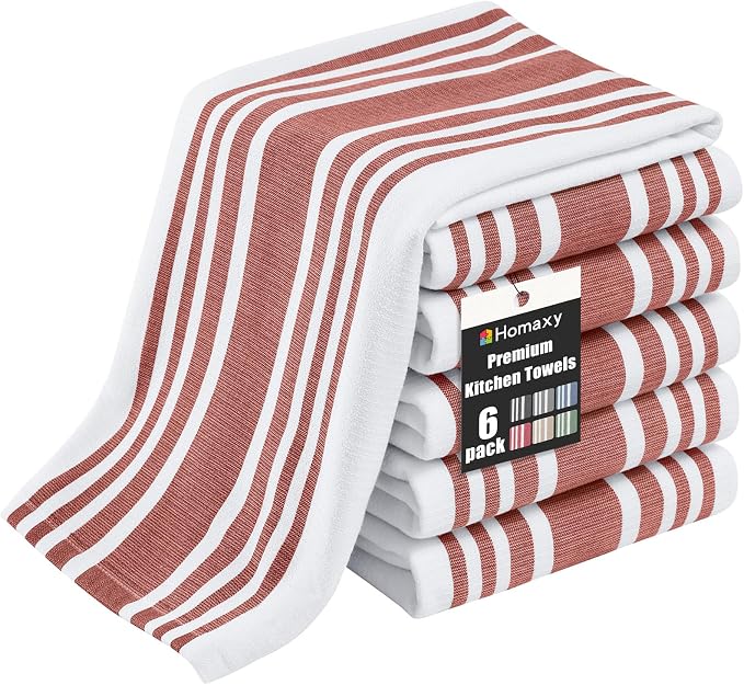 Homaxy Premium Cotton Stripe Kitchen Towels 6 Pack, 18"x 28", Rust | Large 380 GSM Kitchen Hand Towels, Soft Terry Dish Towels, Highly Absorbent Tea Towel Set with Hanging Loop