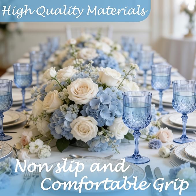 24Pack Plastic Wine Glasses, 7oz Vintage Goblets for Wedding | Unbreakable Crystal Style Reusable Stemware, Elegant Blue Drinking Glass for Party Anniversary & Holiday Celebration