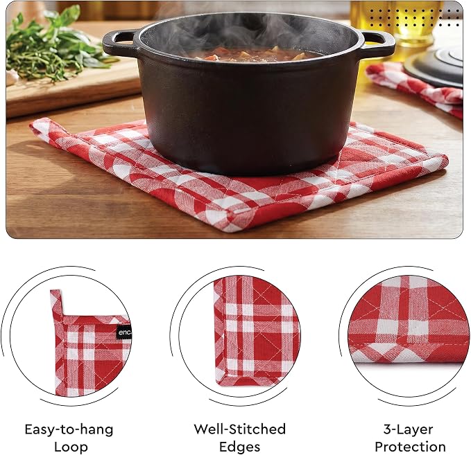 Encasa XO Oven Mitts and Pot Holders Set, Heat Resistant Cotton | Franca Red Checks, Diamond Quilted | Non-Slip Grip | Microwave & Oven Safe | Hanging Loop | Machine Washable | Set of 2