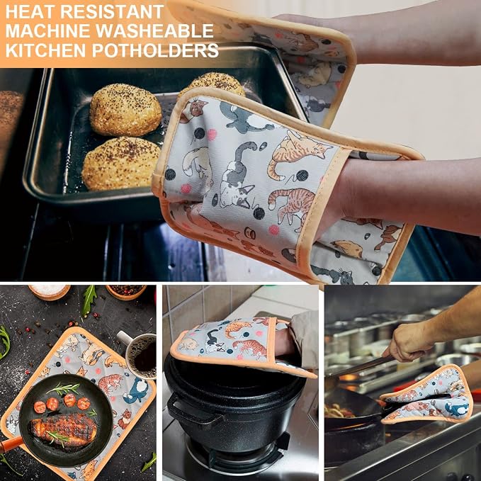 Pot Holders Set of 2 Heat Resistant 480℉ Kitchen 100% Cotton | Comfortable Lining Printing Fox Flower Women Men Home Cooking Baking Microwave BBQ Gift (Cat potholder)