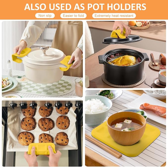 Silicone Trivets for Hot Pots and Pans, Pot Holders Hot Pads 6 Pack Silicone Mats for Kitchen Counter, Soft Durable Drying Mat, Jar Opener and Coasters (Yellow)