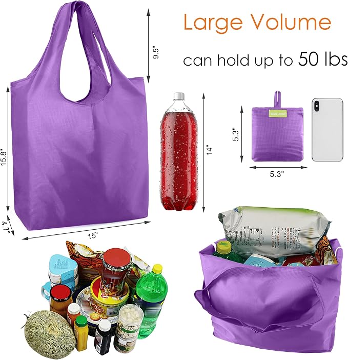 BeeGreen Purple Reusable Grocery Bags Wholesale Purple Reusable Kitchen Bags Bulk Foldable-Machine Washable with Zipper Storage Pouch 50 Packs