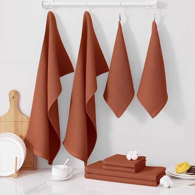Homaxy 8 Pack 100% Cotton Kitchen Towels and Dishcloths Set, Rust | 12 x 12 Inches and 13 x 28 Inches Kitchen Towels Set, Ultra Soft Absorbent Dish Cloths for Washing Dishes