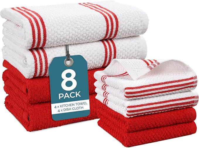 Casa Platino Kitchen Towel Set 8 Pc - 4 Dish Towels (16"x26") & 4 Dish Cloths for Washing Dishes (13"x13") - Cotton Rich, Absorbent, Quick Dry & Durable Kitchen Hand Towels for Wiping Dishes - Red.