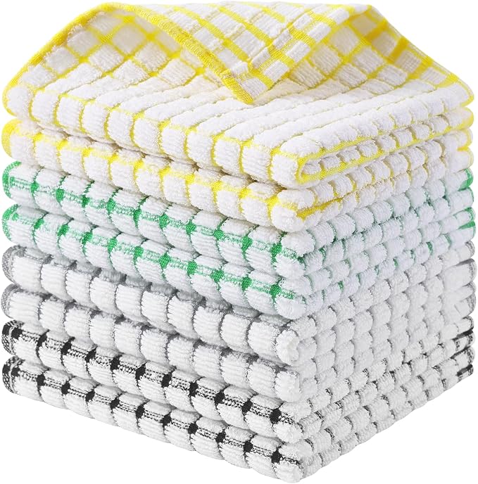 Kitinjoy Cotton 8 Pack Terry Kitchen Dish Cloths, Multi-Colored | 12 x 12 Inches Super Soft and Absorbent Dish Rags, Quick Drying Dish towels for Washing Dishes