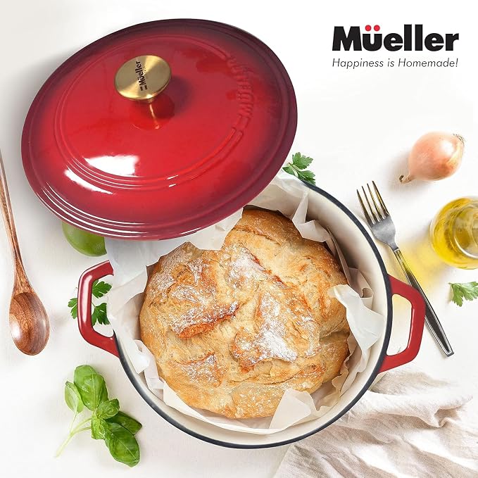 MUELLER HOME 7.5 QT Enameled Cast Iron Dutch Oven, Heavy-Duty Casserole Dish and Braiser Pan with Lid and Stainless Knob, Oven-Safe up to 500° F & Across All Cooktops, Red | Heavy-Duty Casserole Dish and Braiser Pan, Lid with Stainless Knob, Oven-Safe ...