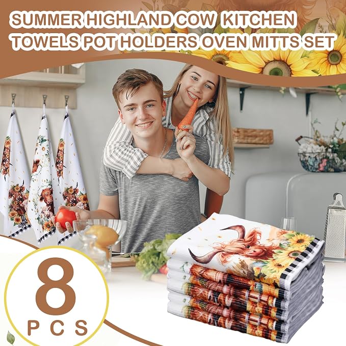 VitalCozy 8 Pcs Highland Cow Kitchen Towels Pot Holders Oven Mitt Set Absorbent Highland Cattle Dish Towels Square Potholders Watercolor Heat Resistant Glove for Home Cooking Baking Gift(Sunflower)