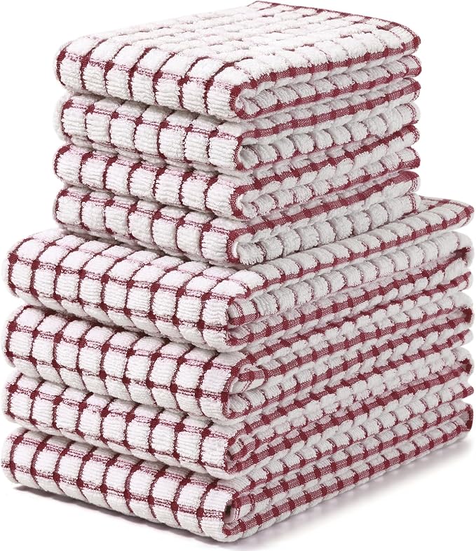 Homaxy Kitchen Towels and Dishcloths Set, Set of 8, Burgundy | Cotton Terry Kitchen Dish Towels, Super Soft and Absorbent Dish Cloths, 16 x 25 and 12 x 12 Inches