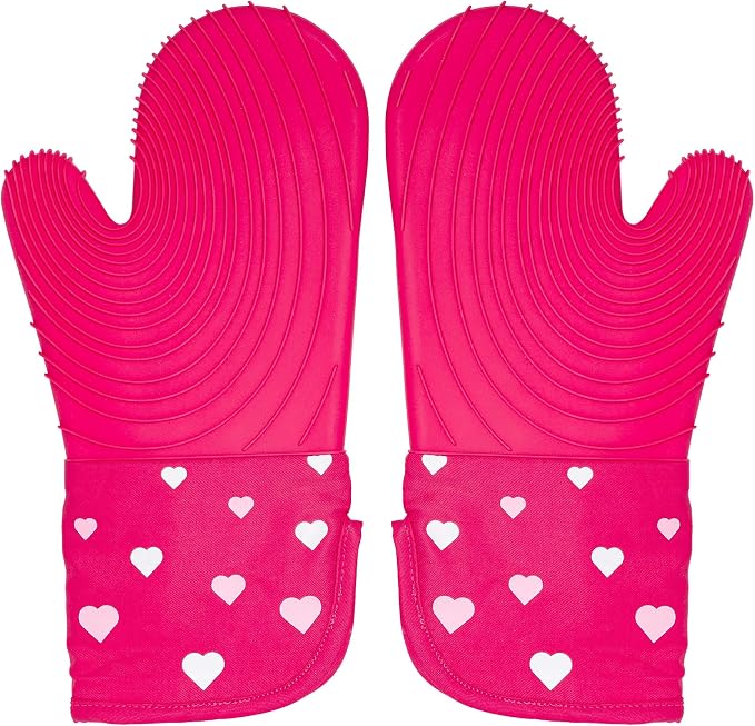 Paris Hilton Oven Mitt Set with Heart Design, Heat Resistant Pot Holders Featuring Non-Slip Textured Silicone Grips, 2-Piece Set, Pink