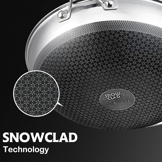 SNOWCLAD Wok, 13 Inch Hybrid Woks & Stir-fry Pans Nonstick with Double Handles, Non Toxic Stainless Steel Wok Pan with Lid, Dishwasher Induction Oven Broiler Safe