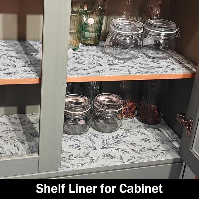 Shelf Drawer Liners Non Adhesive and Strong Non-Slip Waterproof | Shelf and Drawer Liners for Kitchen Cabinet Wire Fridge, Shelf Drawer Liner,Easy to Clean,12IN x 10FT,Gray Leaf