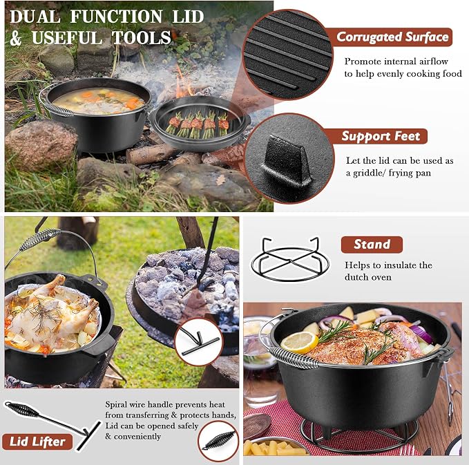 Joyfair Pre-seasoned Cast Iron Camp Dutch Oven with Accessories, 7.6QT Pot | Open Fire Camping Cookware with 2QT Skillet Lid For Outdoor Campfire Cooking - Baking Sourdough Bread, Oven Safe