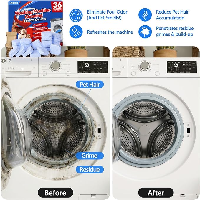 USKICH 36 Pack Washing Machine Cleaner Tablets for Pet Owners Pro, Deep Cleaning Pet Hair Remover for Laundry,Eliminates Odors,Compatible with HE, Top & Front Load Washer