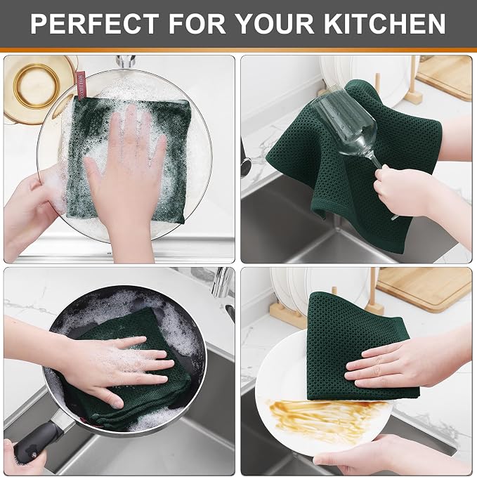 Kitinjoy Cotton Waffle 8-Pack Kitchen Towels, 12" x 12", Blackish Green | Ultra Absorbent, Super Soft, lightweight, Quick Drying Dish Rags for Washing Dishes