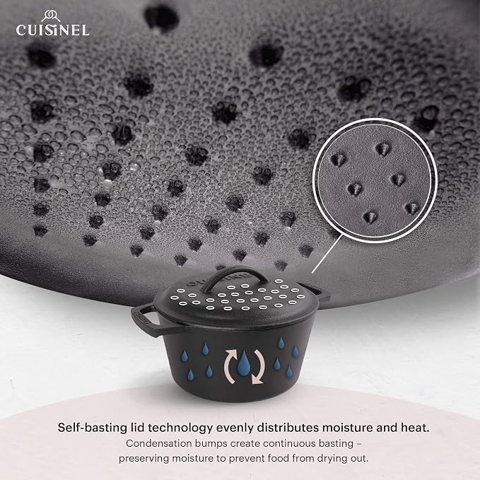 Cuisinel Cast Iron Dutch Oven - 3-Quart Deep Pot + Lid + Pan Scraper + Handle Covers - Large Pre-Seasoned Cooker for Baking Bread, Soup, Frying - Indoor/Outdoor - BBQ Cookware. PFAS and PFOA-free