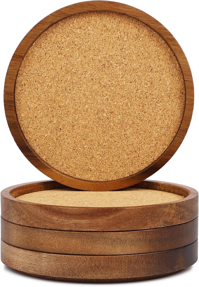 Stackable Wood Absorbent Cork Coaster Set of 4 for Drink, Home Decor | Stackable (Compact Design), 4.25 inch Large, Extra Thick, Absorbent Cork Coasters Set for Tabletop Protection