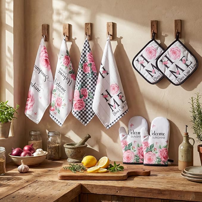 Leinuosen 8 Pcs Pink Rose Kitchen Towels and Dishcloths Sets Pot Holders and Oven Mitts Sets Absorbent Kitchen Gloves Potholders Heat Resistant for Chef Baking Cooking