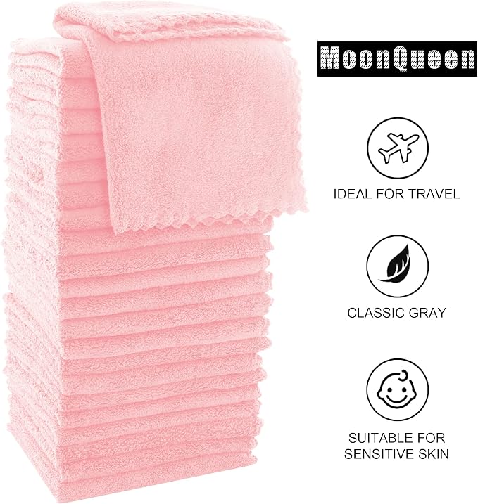 MOONQUEEN Ultra Soft Premium Washcloths Set - 12 x 12 inches - 72 Pack - Quick Drying - Highly Absorbent Coral Velvet Bathroom Wash Clothes (Pink)