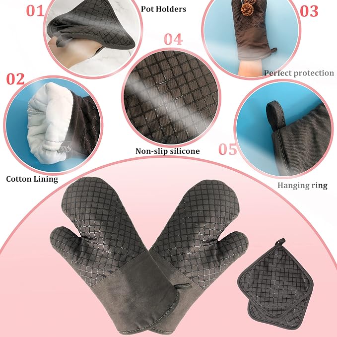 4 Pcs Oven Mitts and Pot Holders,500°F High Heat Resistant Kitchen Oven Mitts with Pot Holders,Long Oven Mitts with Recycled Cotton Infill and Silicone Non-Slip Surface for Baking and Cooking(Grey)