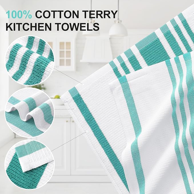 Homaxy Premium Cotton Stripe Kitchen Towels 6 Pack, 18"x 28", Teal | Large 380 GSM Kitchen Hand Towels, Soft Terry Dish Towels, Highly Absorbent Tea Towel Set with Hanging Loop