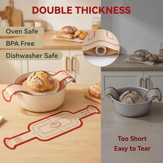 Silicone Bread Sling for Dutch Oven - Extra Long Handles, Non-Stick & Oven Safe Baking Mat, Reusable Dough Liner & Lifting Tool for Sourdough(2Pcs Oval+Round)