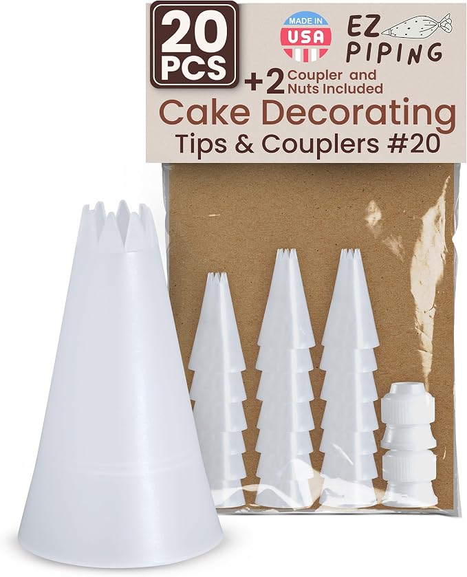 Reusable Plastic Piping Tips, Nozzles Standard Size Star Tip #20 (20pcs) | EZPiping Icing Nozzles with 2 couplers for Cake Decoration and Dessert Design, Baking Supplies Base Ø 0.75" Height 1.25"