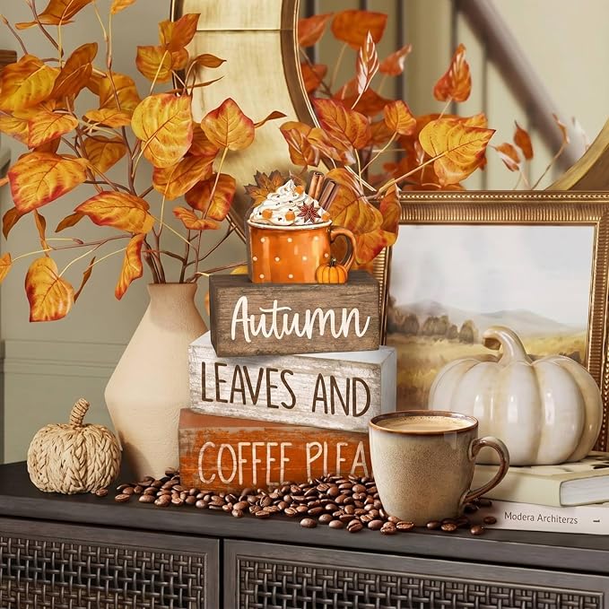 Lineshading 4 Pcs Fall Coffee Wooden Block Signs Tiered Tray Decor Autumn | Rustic Tabletop Decor for Kitchen Coffee Corner, Stackable Wooden Blocks with Autumn Leaves, Farmhouse Style Home Accent Gift