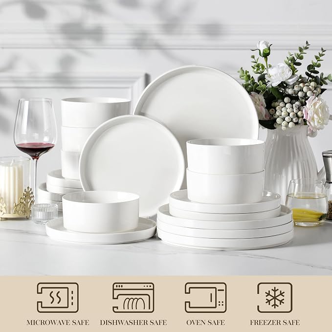 MALACASA 18 Pieces Porcelain Dinnerware Set, Modern White Dish Set for 6, Premium Serving Plates and Bowls Sets, Chip and Scratch Resistant Dishware Sets Kitchen Dishes Dining Ware Set, Series LEAH