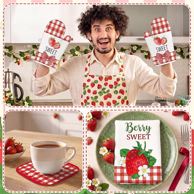 Tieshankao 10Pcs Strawberry Kitchen Decor Accessories Set | Kitchen Towels, Oven Mitts, Pot Holders, Rugs and Mats, Strawberry Fruit Theme, Baking Supplies, Housewarming Gifts