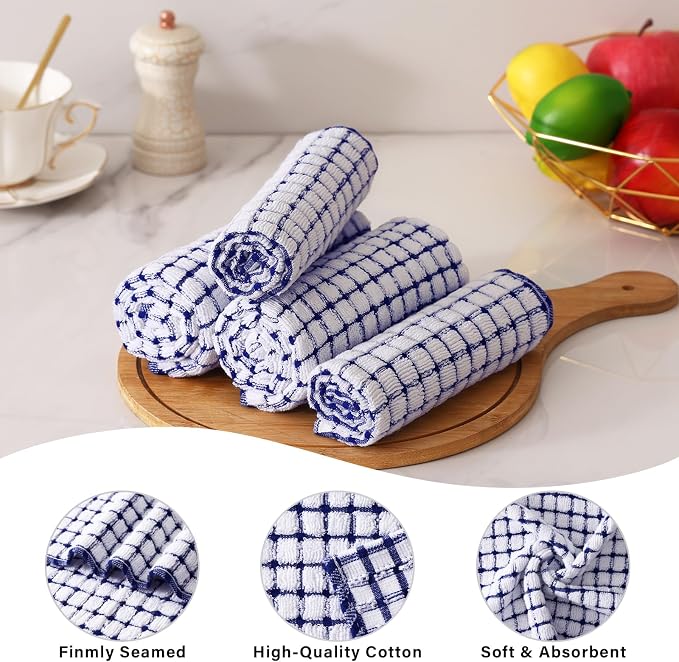 Kitinjoy Cotton 12 Pack Terry Kitchen Dish Cloths, Blue | 12 x 12 Inches Super Soft and Absorbent Dish Rags, Quick Drying Dish towels for Washing Dishes