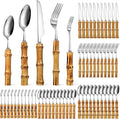 Eboot Bamboo Silverware Set 18/8 Stainless Steel Tableware Set Natural Utensil Flatware Kit Spoon Fork Knives Bamboo Handle Cutlery for Kitchen Wedding Home Restaurant Party(Silver,60 Pieces)