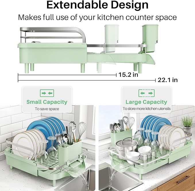 SNTD Expandable Dish Drying Rack for Kitchen Counter, 15.2-22.1 in, Green | Rust-Resistant Stainless Steel, Protective Side Rails, Self-Draining Drainboard, Removable Utensil Holder