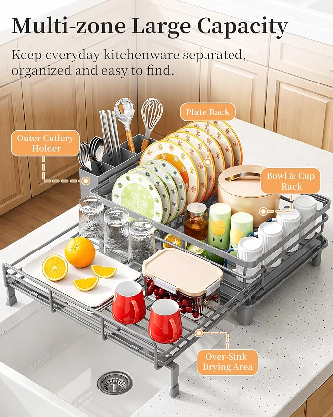 SAYZH Expandable Dish Drying Rack for Kitchen Counter, Metal, Grey | Foldable Over Sink, Large Capacity, Rust-Resistant, Adjustable for Most Sinks, Automatic Drainage, Removable Utensil Holder